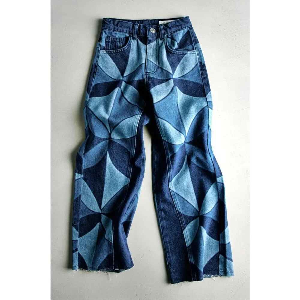 NWT Zara Kids x Sea New York Geometric Print Wide Leg Kids Patchwork Denim Jeans